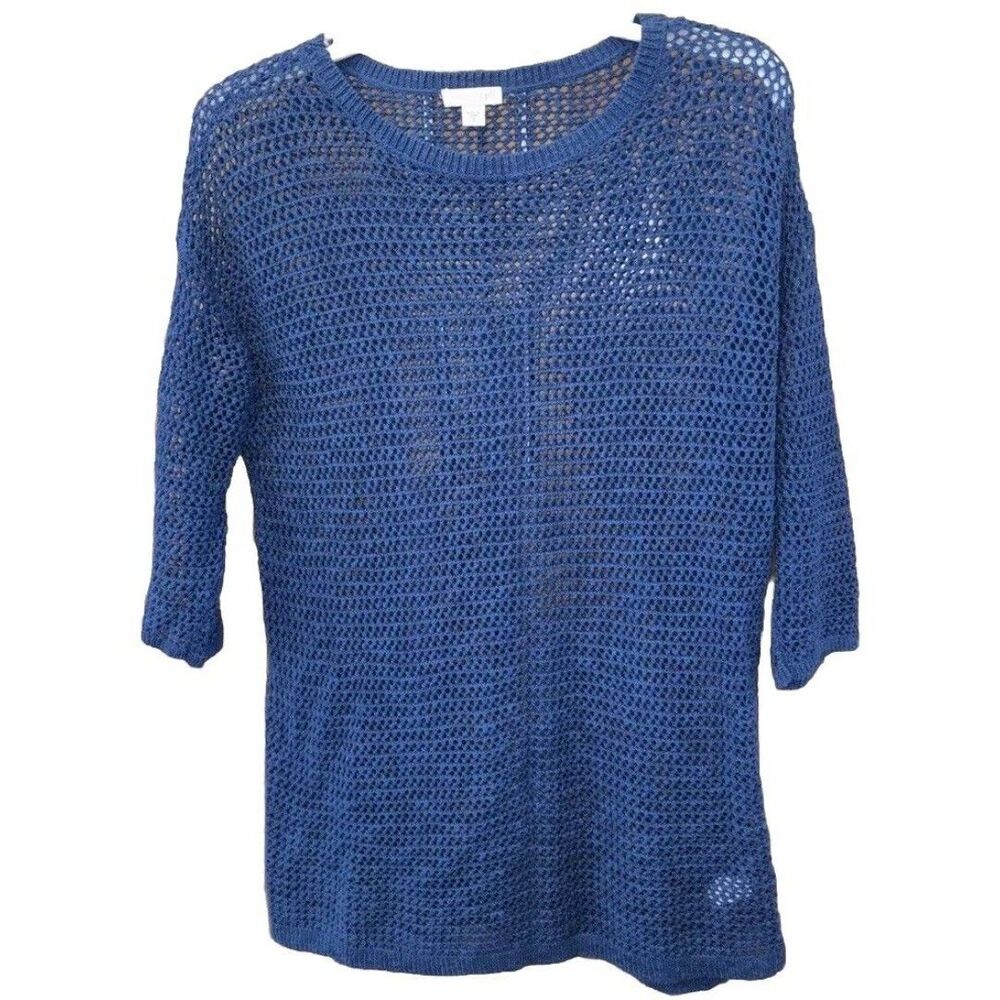 J.Jill Sweater Blue Open Knit 3/4 Sleeves Pullover Linen Cotton S Stretch